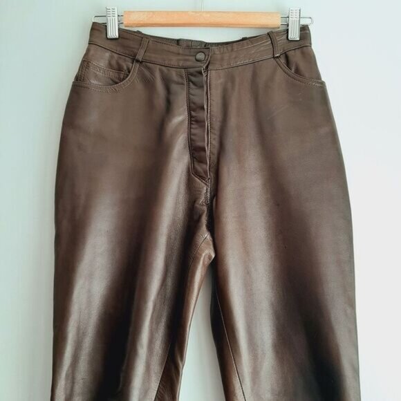 TARA JARMON Paris Soft Genuine Leather High Waist Pants Brown Sz S - Picture 2 of 16